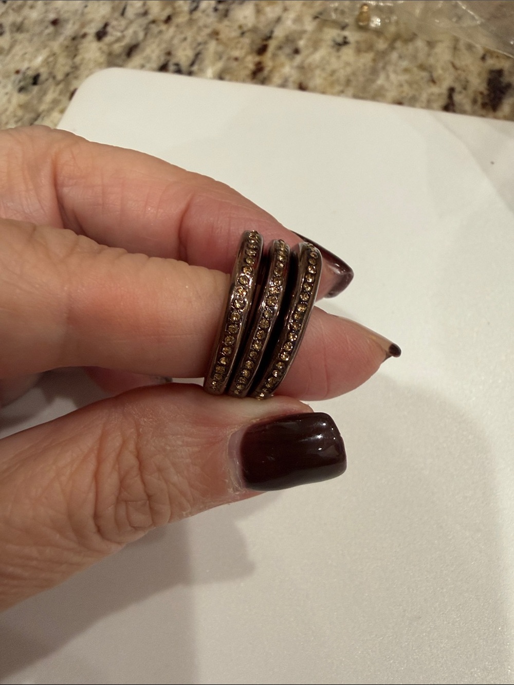 Elegant Dark Bronze Tone Triple Band Ring with Yellow Rhinestones